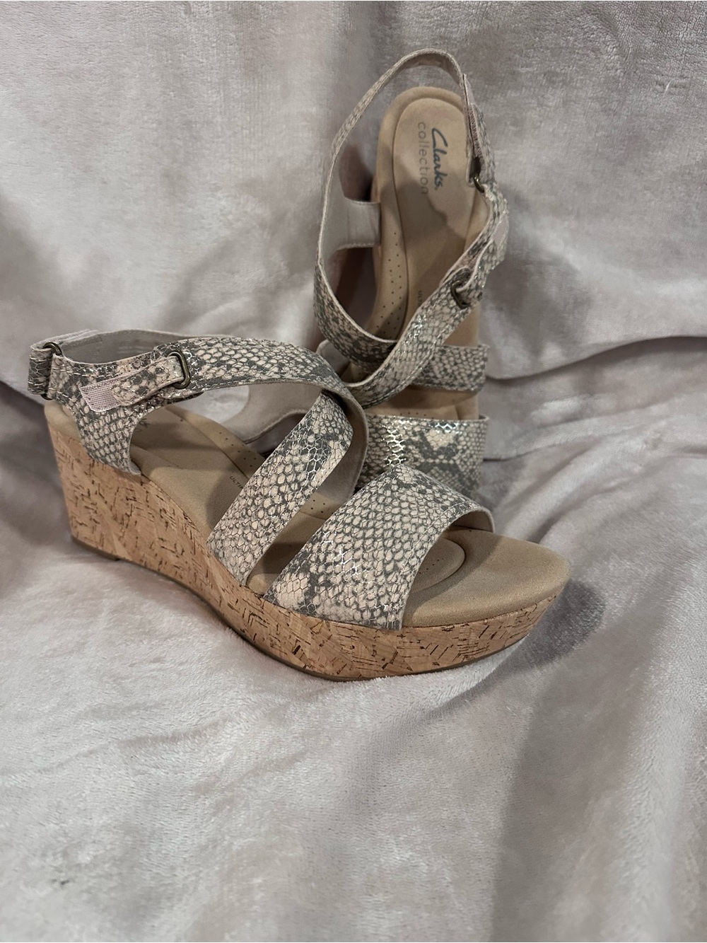 Clarks Neutral Snake-Print Cork Wedge Sandals